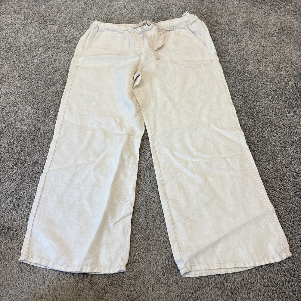 M&S Pure Linen Trousers Sz 12 UK Flax Natural Wide Legged Crop Short Linen Pants